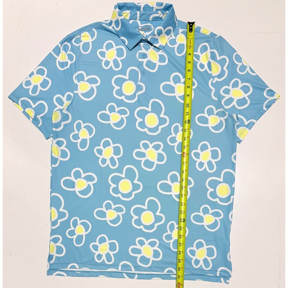 Sosik Mens Blue Floral Golf Polo Shirt Large Daisy‎ Short Sleeve Performance